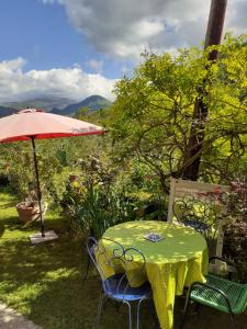 a table and chairs with an umbrella in the grass at Gîte de la Ouedolle in Sengouagnet