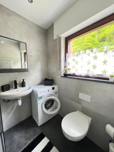 uma casa de banho com um WC branco e um lavatório. em 2 Zimmer Ferienwohnung Denis 2 em Oberwesel
