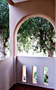 two windows in a wall with trees in the background at Kamara Apartments Marmari in Marmari