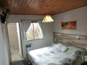 a bedroom with a bed and a window at Hostel El Reencuentro in Junín de los Andes