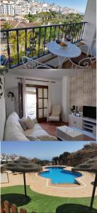 a collage of two pictures of a house with a pool at Apartamento María Platero Céntrico y con las mejores vistas del casco antiguo la montaña y el mar mediterráneo in Frigiliana