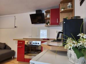 uma cozinha com armários vermelhos e uma bancada em Ferienwohnung Heyne em Weinböhla