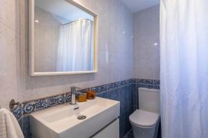 a bathroom with a sink and a toilet and a mirror at Casa Bombón in Sabiñánigo +41 photos