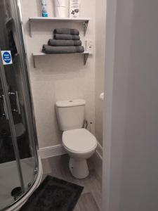a bathroom with a toilet and a shower and towels at parkhill guest house in Inverness