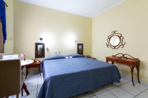 um quarto com uma cama azul e um espelho em Daher Center Hotel em São Paulo