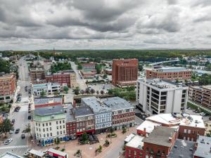 an aerial view of a city with buildings at Historic Hotel, King Bed, Fast WiFi, Room # 104 in Bangor