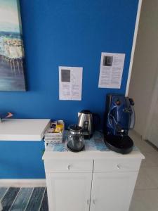 a counter with a blender on top of a blue wall at Villa Nadira in Giardini Naxos
