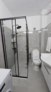 a bathroom with a shower and a toilet and a sink at Ela Apartments 1 in Tirana