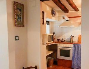 y cocina con microondas y fogones. en Casa Rural La Tia Flora, en Santa Cruz de Nogueras