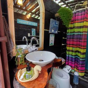 a bathroom with a sink and a mirror at Fantasia Glamping in Bogotá