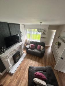 sala de estar con sofá y chimenea en Eddies Lodge & Spa 3 bedroom cottage, en Dungiven
