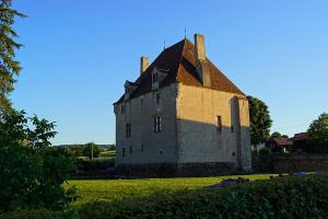 an old building with a roof on a grass field at Chambre d'hote les frérots in Lurcy-le-Bourg