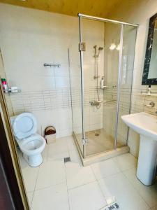 a bathroom with a shower and a toilet and a sink at Batumi seaside Magnolia in Batumi