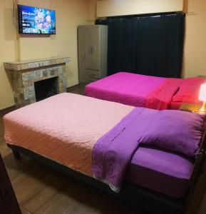 two beds in a room with a fireplace and a tv at hostal NAUU in Concepción