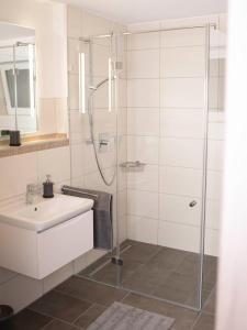 La salle de bains blanche est pourvue d'un lavabo et d'une douche. dans l'établissement Bantlehof, à Niedereschach