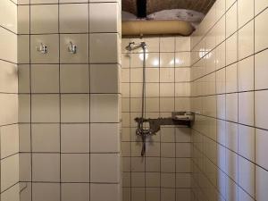 a bathroom with a shower with white tiled walls at Grote Weeshuis in Enkhuizen