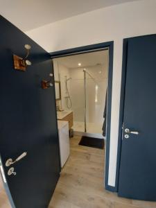 BlaslayにあるGîte Le Saint Martin 1 - 4 pers.の黒いドア、バスルーム(シャワー付)が備わります。