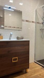 a bathroom with a sink and a shower at Ca la Trini Vivienda Vacacional in Nava