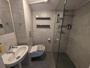 a bathroom with a shower and a sink and a toilet at The Ísafjörður Inn in Ísafjörður
