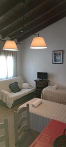 a room with two beds and a television and two lights at Estudio 2 Hacienda Torrepalma in Torrepalma