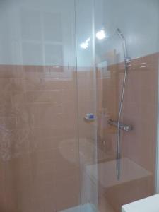 um chuveiro com uma porta de vidro na casa de banho em Gîte Les Hauts de Curemonte em Curemonte