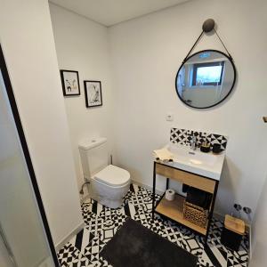 een badkamer met een toilet, een wastafel en een spiegel bij Casa Vincente Room-Santa Cruz Monastery 7min away in Coimbra