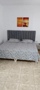 a bed in a bedroom with two pictures on the wall at Le petit Mimosa - City Center in Tataouine