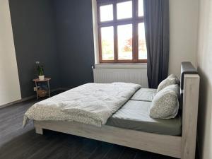 1 cama en un dormitorio con ventana en Rezidence Bratrská, en Ostrava