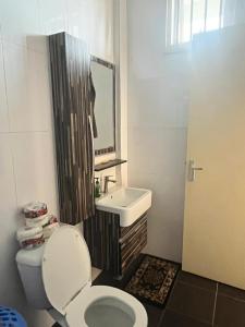 a bathroom with a toilet and a sink at Wilhelmina Hotel & Apartments in Paramaribo