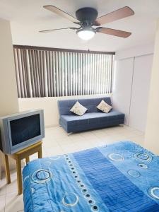 a living room with a blue couch and a tv at Esquina del Pintor in Guadalajara