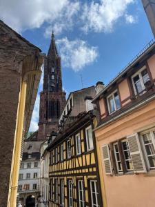 een hoog gebouw met een klokkentoren in een stad bij Appartement 60m2 - Carré d'Or Cathédrale in Straatsburg