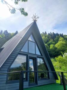 una pequeña casa con techo puntiagudo y ventanas en Cottage "A-FRAME romantic house", en Yaremche