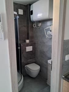 a small bathroom with a toilet and a shower at Apartments Peričić in Podstrana