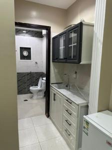 uma casa de banho com um lavatório e um WC em Queen Apartment em Amã