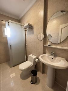 uma casa de banho com um WC, um lavatório e um espelho. em Queen Apartment em Amã