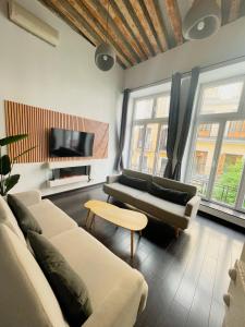 uma sala de estar com dois sofás e uma televisão em Carretas dúplex exterior derecha em Madri