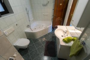 a bathroom with a sink and a tub and a toilet at Apartma Judita in Glamping Luna in Bled