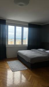 ein Schlafzimmer mit einem Bett und einem großen Fenster in der Unterkunft Messe Apartment in Klagenfurt am Wörthersee