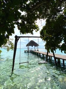 a swing on a dock in the water on a beach at Cabaña Sofía Bacalar in Bacalar