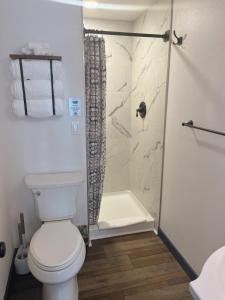 a bathroom with a toilet and a shower at Werner Room 204, Hyland Hotel in Palmer