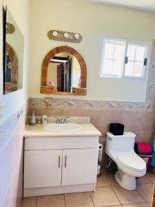 uma casa de banho com um lavatório, um WC e um espelho. em villa en palma real em La Ceiba