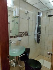 een badkamer met een groene wastafel en een toilet bij Apartamentos Florida Nueva estadio in Medellín