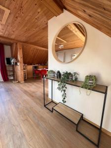 Zimmer mit einem Spiegel und einem Tisch mit Pflanzen in der Unterkunft RIESLING - Vue imprenable sur le vignoble - rénové récemment - parking gratuit in Riquewihr