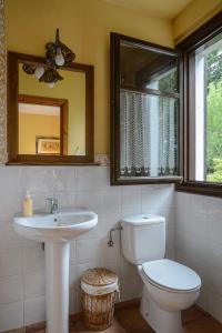 a bathroom with a toilet and a sink and a mirror at Gane Landetxea in Barrika