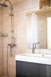 bagno con lavandino e doccia di Poseidon Apartments and Villas by the Sea a Sounio