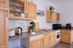uma cozinha com armários de madeira e vasos de plantas em Urlaub nicht nur für Monteure "K1" em Gera