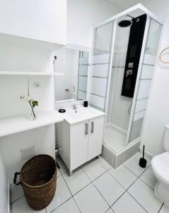 La salle de bains est pourvue d'une douche, d'un lavabo et de toilettes. dans l'établissement T1 - Le Tuit-Tuit 5* - 9' centre ville, à Saint-Denis