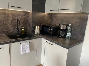 blat kuchenny ze zlewem i kuchenką mikrofalową w obiekcie Apartament Dekerta garaż, duży taras, smart tv w mieście Gorzów Wielkopolski
