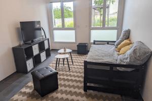 1 dormitorio con 1 cama, TV y taburete en Appartement LO du Lac - Paladru, en Paladru