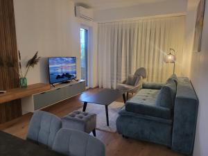 een woonkamer met een bank en een tv bij 2B Apartment in Petrovec